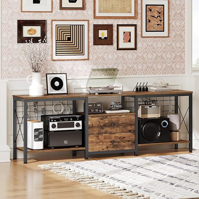 TV Stand with Power Outlet Up to 70 Inch, Entertainment Center with 2 Fabric Drawers, TV Console Table with Open Storage Shelves for TVs, Cable Management, for Living Room, Bedroom, DS16UBRY1