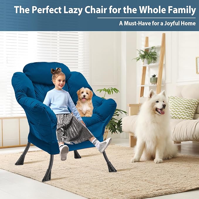 Lazy Chair Thick Padded, Comfy Velvet Accent Lounge Chair with Stable Frame, Leisure Sofa Armchair with Armrests and Side Pocket, Reading Chair for Bedroom, Living Room, Office, Blue