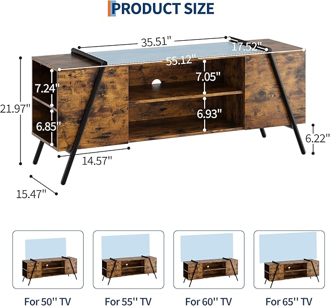 Garvee 55 Inch TV Stand with Slanted Metal Legs, Industrial Media Console with Adjustable Open Shelves, Wooden Entertainment Center Television Stand for Living Room, Bedroom, Orange Oak
