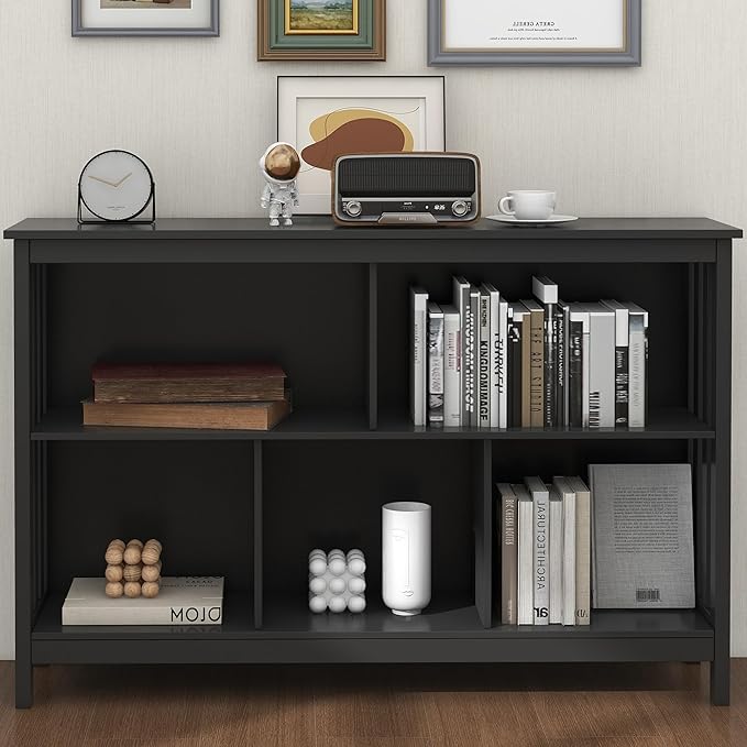 TaoHFE Short Bookshelf with 2-Layer 5 Cube Shelf,Wooden Bookcase Modern Minimalist Style, Horizontal Bookshelf for Living Room, Classroom, Bedroom, Book Shelf with Storage Cube Bookcase, Black