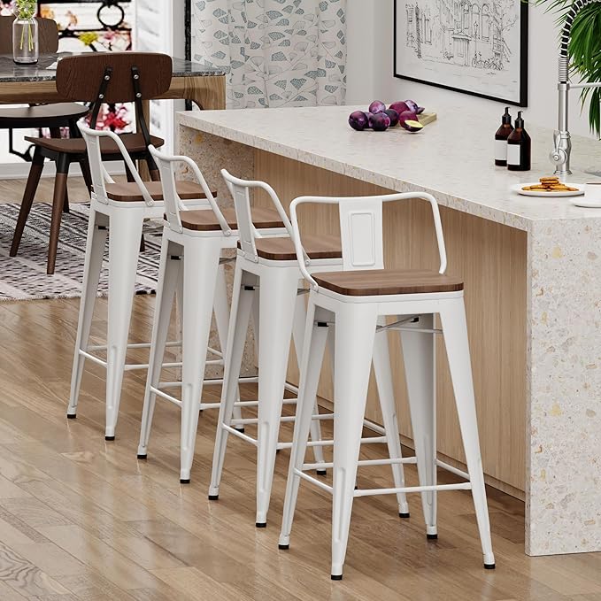 Yongchuang 30 inch Bar Stools Set of 4 Bar Height Metal Barstools with Wood Seat Low Back Kitchen Bar Chairs Cream White