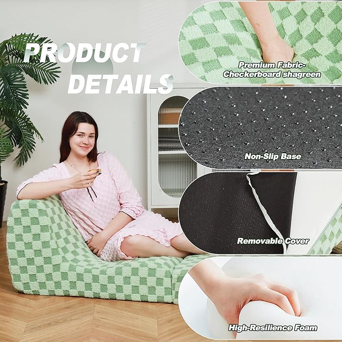 Bean Bag Chair with Checkerboard Shaker Fleece Fabric, Folding Sofa Bed, Floor Sleeper Lounge Chair, Lazy Sofa for Living Room, Bedroom, Apartments (Mint Green)