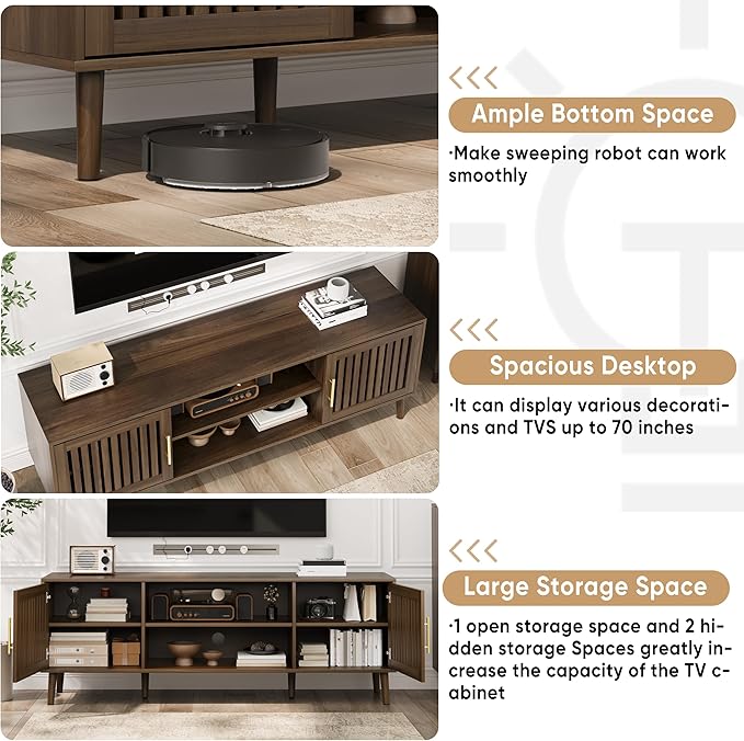Smuxee Walnut TV Stand with Grille Striped Design, 62.99" Mid Century Modern TV Media Console for TVs up to 70", TV Cabinet with Adjustable Shelf & 2 Cabinets for Living Room