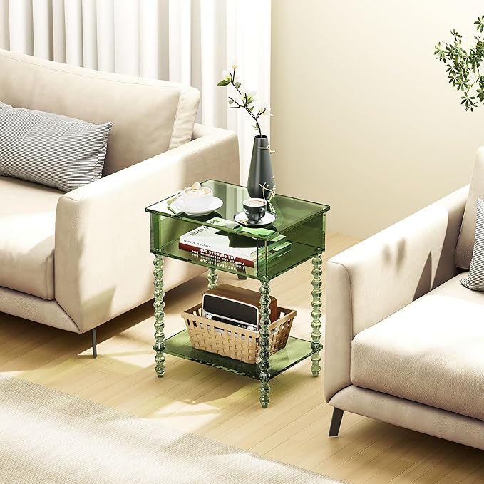 Acrylic Side Table, Clear 3-Tier End Table with Storage, Nightstand for Living Room, Bedroom, Office (Green, 11.8 ×15.7 × 19.7)