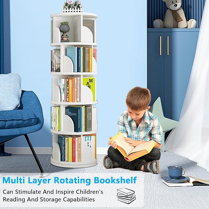 Rotating Bookshelf Tower, 360 Display 5 Tier Floor Standing Bookcase Storage Rack for Kids&Adults, Corner Bookshelf for Small Space, Book Shelf Rotating Bookcase for Bedroom, Living Room, Study