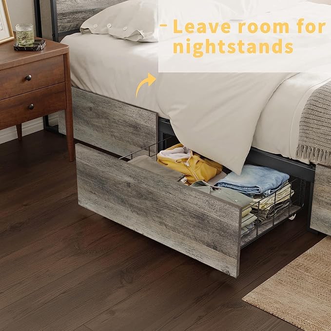 Queen Size Bed Frame with Storage Headboard and 4 Drawers LED Lighting Sturdy Metal Slat Support Non-Slip Noise-Free Platform No Box Spring Needed Greige