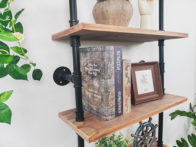Industrial Ladder Pipe Shelves, Wall Mounted Rustic Bookshelf, Retro Metal Wood Bookcases (Weathered Brown, 6 Tier - 10" D x 24" W x 82.5" H)