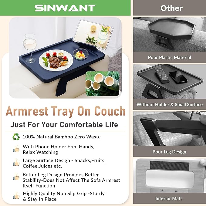 SINWANT Couch Armrest Table, Bamboo Couch Arm Table 360° Phone Holder,Foldable Sofa Arm Tray for Eating Drinking Snacks Remote on Chair Armrest