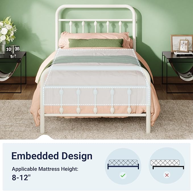 Allewie 14 Inches Twin Size Metal Platform Bed Frame with Victorian Style Iron-Art Headboard/Footboard, Mattress Foundation, Easy Assembly, Under Bed Storage, No Box Spring Required, Off White