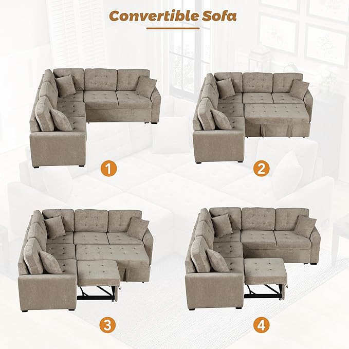 82" Convertible Sleeper Sofa with Pull-Out Bed,L-Shape Chaise Couch W/USB Ports & Power Sockets,Space Saving,Easy Assembly,Modern Corner Reversible Furniture Set for Living Room,Khaki Velvet
