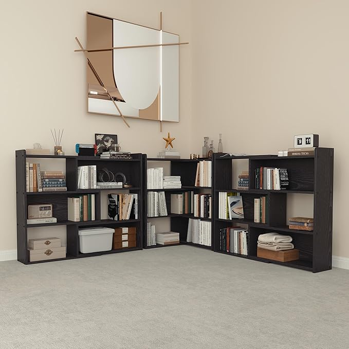 Open Shelf Low Bookcase,Wooden 4-Tier Floor Standing Expandable 25-47 inch Wide Bookcase,with Side Panels Frame for Home and Office