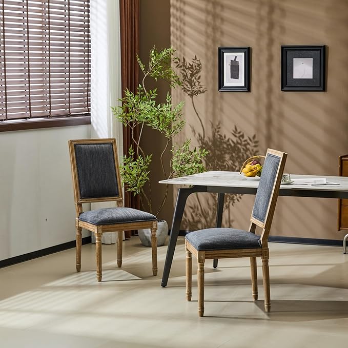 Merax Upholstered Solid Wood Dining Chairs Set of 2, French Country Style Accent Side Seating Furniture for Kitchen, Living Room, Cushioned Back, Blue Gray