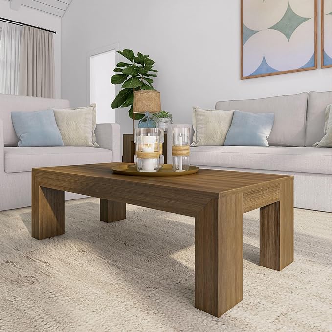 Plank+Beam Modern Rectangular Coffee Table, 48", Medium Sized Coffee Table, Center Tables for Small Spaces, Living Space Medium Tea Table, Pecan Wirebrush