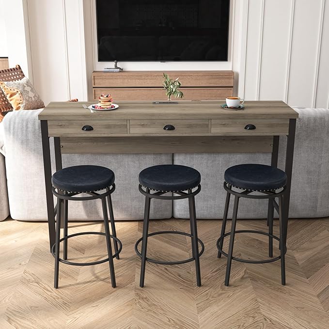 KEIKI 60.24” Long Bar High Top Dining Table and 3 Stools Chairs Set with Drawer & Power Outlet, Wood Behind Couch Sofa Counter Height Pub Furniture for Breakfast, Kitchen Living Party Room, Black