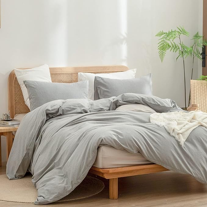 BESTOUCH Duvet Cover Set 100% Washed Cotton Linen Feel Super Soft Comfortable Chic Lightweight 3 PCs Home Bedding Set Solid Light Grey Super King Plus