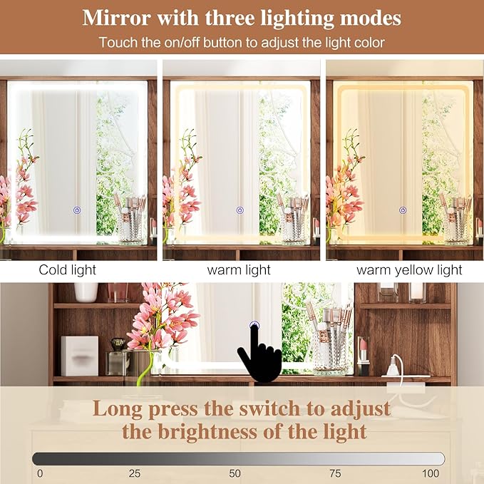 Large Makeup Vanity Desk with Mirror and Lights, Vanity Desk with 8 Drawers & Storage Shelves, Vanity Table with Power Outlet, 3 Color Modes & Adjustable Brightness Dressing Table, Bedroom,Walnut