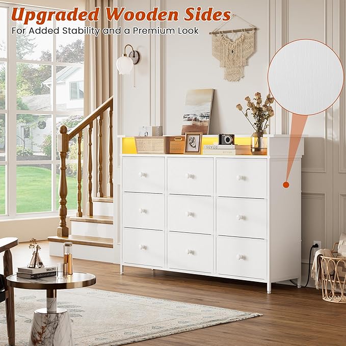 Nicehill 9 Drawer Dresser for Bedroom,Led Light White Dresser,TV Stand for Bedroom with Charging Station, Fabric Drawer Chests of Drawers for Hallway,Closet,Entryway