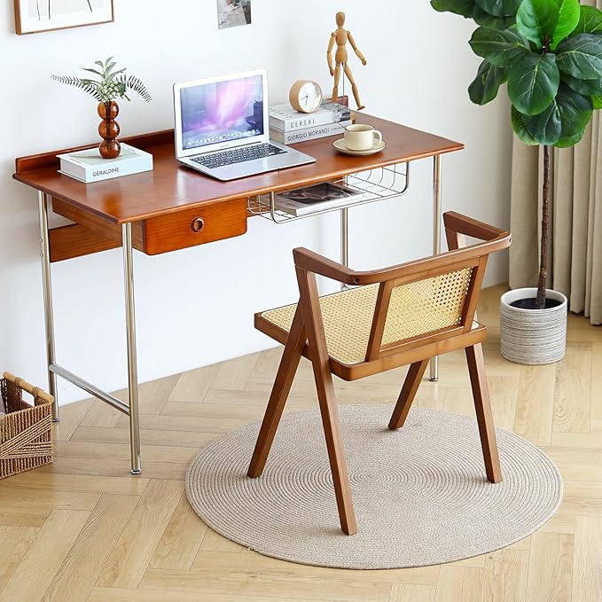 Rattan Dining Chair, Mid-Century Accent Armchair, Wicker Chair, Outdoor Bamboo Chair for Dining Room, Living Room, Bedroom, Kitchen, Walnut