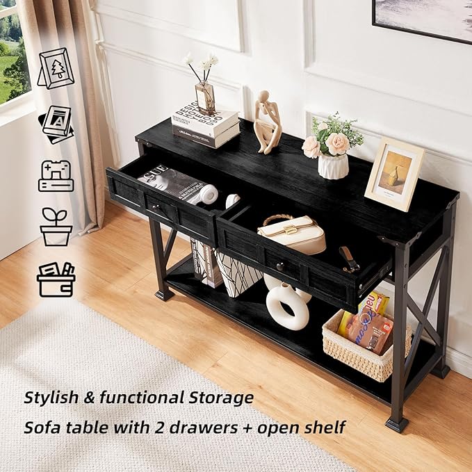 HOMBAZAAR Entryway Table,Rustic Console Table with 2 Drawers, Industrial Console Tables with Storage for Entryway, Hallway, Living Room,Black,47 Inch