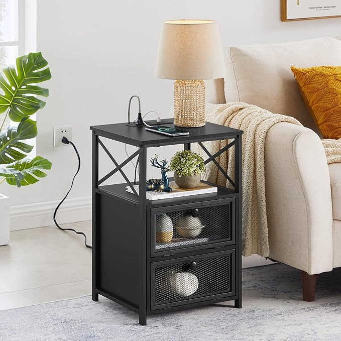VECELO Black End Table with USB Ports and Outlets,24 Inch Nightstands with Charging Station and Storage Shelf for Bedroom,Living Room, 1 Set