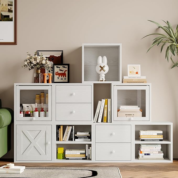 FUSUNBAO Magic DIY Cube Storage Organizer Stackable Cubes for Home Books Clothes Toy-Modular Cubby Storage System-Office Cubical-Bookcase Closet (Pure White-Washed, Drawer Cube)