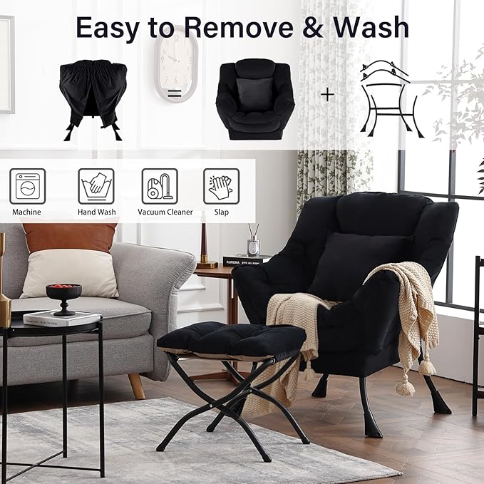 Lazy Chair with Ottoman, Modern Lounge Accent Chair with a Pillow, Leisure Sofa Armchair Set, Reading Chair with Footrest for Living Room, Bedroom, Dorm Room, Office, Velvet Black
