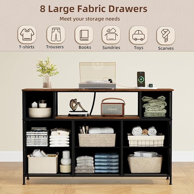 Somdot Dresser TV Stand, TV Stand Dresser for Bedroom, Fabric Storage Tower with 8 Drawers, Fabric Chest for Living Room, Hallway, Entryway, Closets,Easy Pull Handle, Wood Grain Print