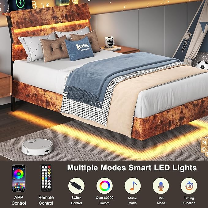 Feonase Twin Floating Bed Frame with Led Lights and Charging Station, Wood Twin Size Bed Frame with Storage Headboard, Heavy Duty Metal Slats, No Box Spring Needed, Easy Assembly, Vintage Brown