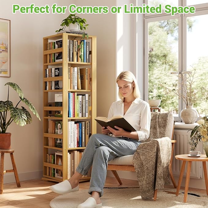 Homykic Rotating Bookshelf, Bamboo 360 Display Spinning Bookshelf Tower, 5-Tier Small Corner Bookcase for Small Spaces, Narrow Revolving Book Shelf Organizer Rack for Home Office, Natural