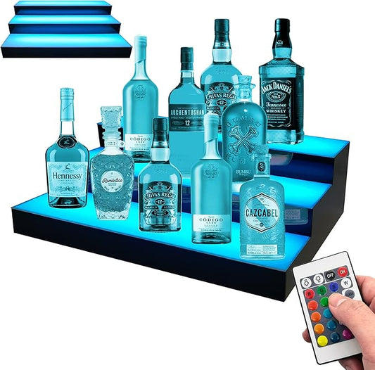 Royxen LED Lighted Liquor Bottle Shelf 3 Tier, 24 Inch Bar Shelf with Remote, Bottle Stand Multicolor Lighting Modes for Bars