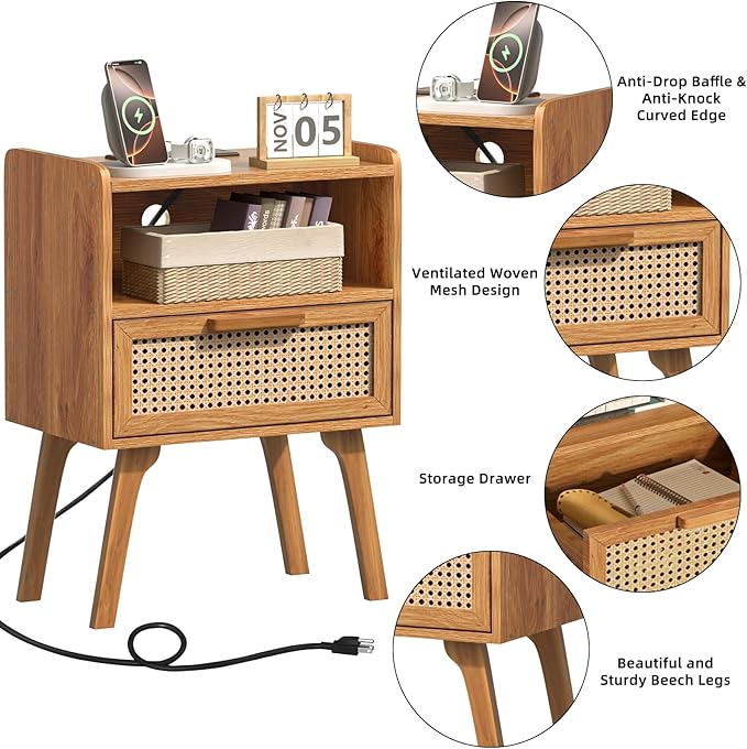 Lerliuo Rattan Nightstand with Charging Station, Side Table with Drawer, Cane Accent Bedside End Table with Solid Wood Legs, Night Stand for Bedroom, Dorm and Small Spaces (Tea Brown)