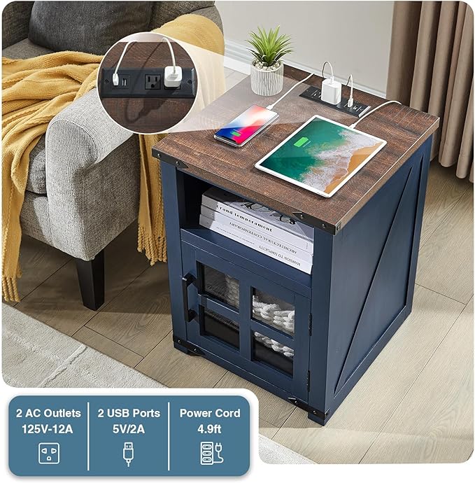 Farmhouse Nightstand with Charging Station, Rustic End Table with Tempered Glass Barn Door, Wood Sofa Side Bedside Table with Open Storage Shelf for Living Room, Bedroom, Blue, 2 Pack