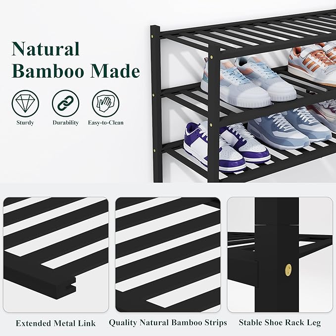 Smiry Shoe Rack, 4 Tier Thick Bamboo Shoe Organizer, Stackable Free Standing Wooden Shoe Storage Shelf for Closet, Entryway, Front Door Entrance, Black