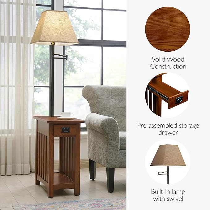 Leick Home Mission End Table, Solid Wood, Built-In-Lamp, 1 Drawer, Bottom Display Shelf, Slatted Sides, Easy-Assembly, Medium Oak, 22.5 in. L x 12.0 in. W x 60.0 in. H, 10028