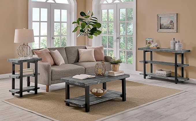 Alaterre Furniture Pomona 3-Tier Industrial End Table with Solid Pine Wood and Metal Legs – 20-Inch Side Table with 2 Lower Shelves, Rustic Modern Accent Table for Living Room or Bedroom (Slate Gray)