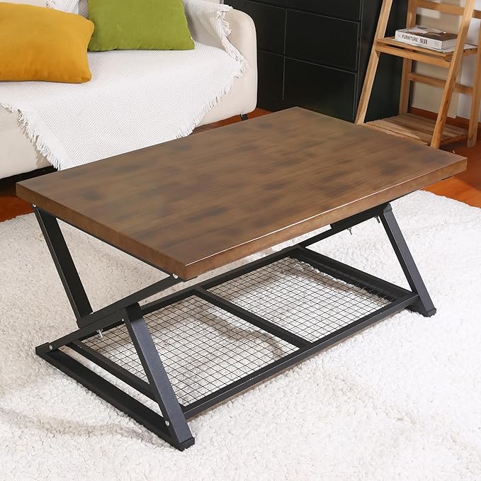 EASYSOUL Coffee Table with Storage Shelf, Solid Wood Top with Black Metal X-Frame, 39.37" D x 23.62" W x 18.11" H, Mid Century Modern Center Coffee Tables for Living Room with 2 Tier (Brow, 39.37")