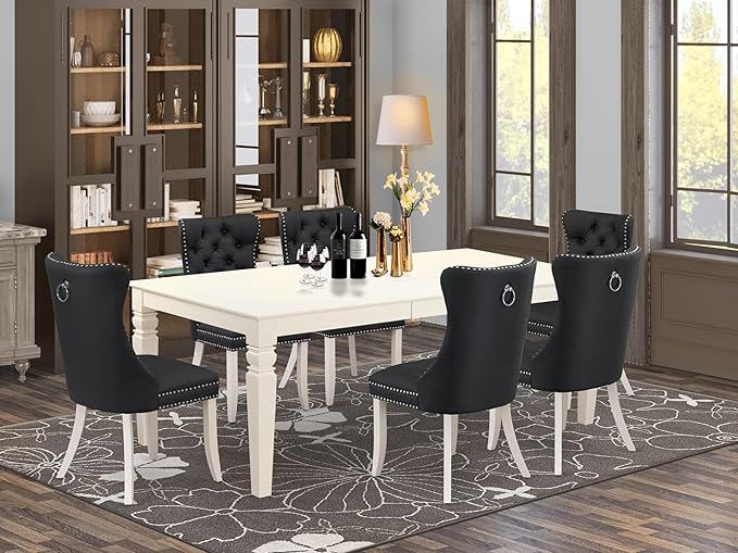 East West Furniture LGDA7-LWH-12 7 Piece Dining Set Includes a Rectangle Kitchen Table with Butterfly Leaf and 6 Polyester Fabric Upholstered Chairs, linen white