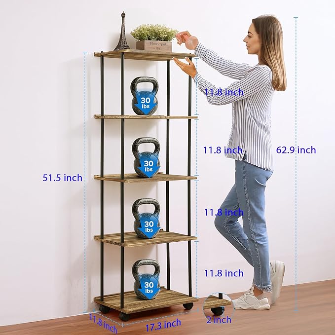 GETALL Tall Bookshelf with Wheels, 5 Tier Solid Wood Bookcase for Small Spaces, Corner Bookshelf Storage Organizer for CDs, Movies, Narrow Movable Shelfing Unit for Bedroom, Living Room