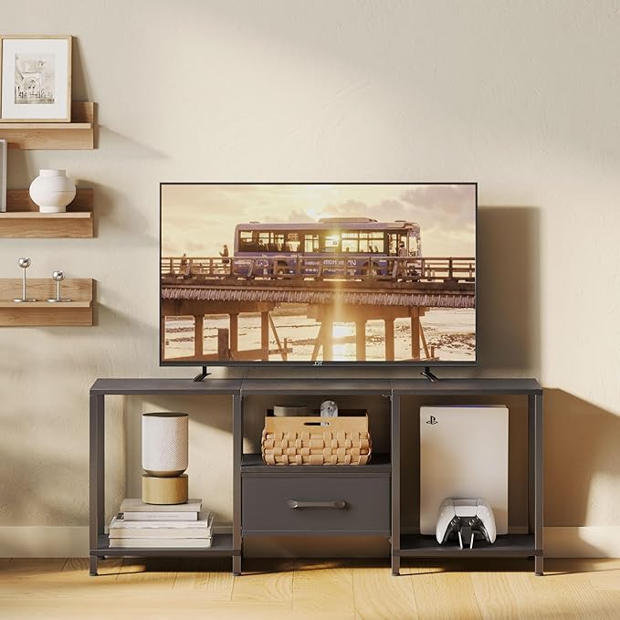 TV Stand with Fabric Drawer for 55 Inch TV, Entertainment Center with Open Shelves, Media TV Console Table for Living Room, Bedroom, Black