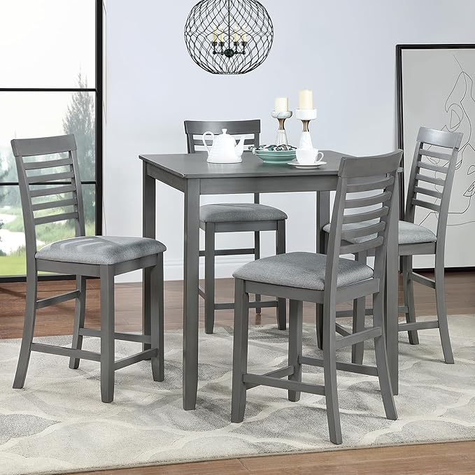 KEIKI 5-Piece Counter Height Dining Table Set with Square Table and 4 Upholstered Ladder Backrset Chair, for 4 Person, Modern Style Wooden Table Set, Easy Assembly, for Kitchen, Dining Room, Gray