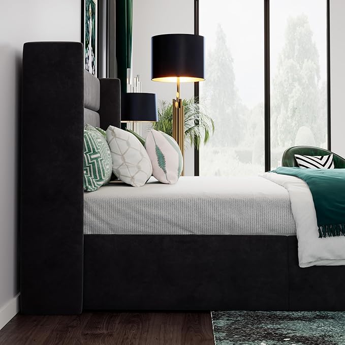 SHA CERLIN Full Size Lift Up Storage Bed/Velvet Upholstered/Modern Wingback Headboard/Upholstered Platform Bed Frame/Hydraulic Storage/No Box Spring Needed/Black