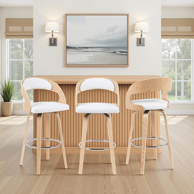 Shelly Modern Bar Height Swivel Stool in Patterned Oak Finish with White Faux Leather Upholstered Seat Set of 3