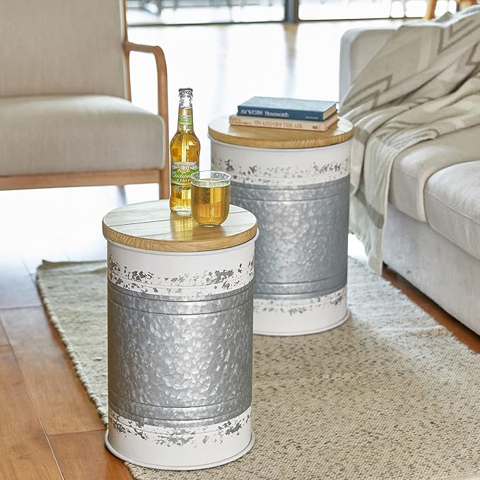 Glitzhome Farmhouse Accent Side Table, Metal Storage Stool Ottoman with Round Lid - Galvanized Coffee Cocktail End Tables Set of 2 for Living Room Bedroom, Distressed White