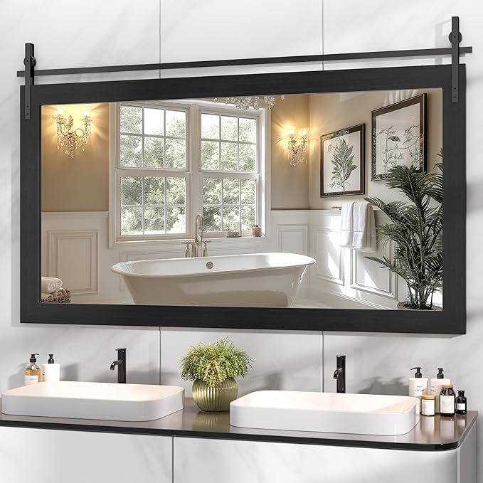 Hasipu Farmhouse Bathroom Mirror, 60"x30" Rustic Wood Framed Wall Mounted Mirror, Black Vintage Vanity Mirror Barn Door Style Decrative Mirrors