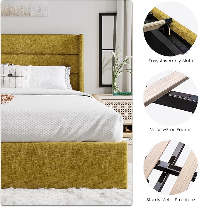 SHA CERLIN King Size Lift Up Storage Bed/Modern Wingback Headboard/Upholstered Platform Bed Frame/Hydraulic Storage/No Box Spring Needed/Wood Slats Support/Olive Yellow
