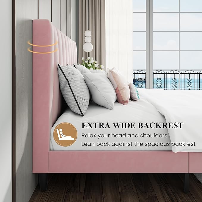 SHA CERLIN King Bed Frame/Velvet Upholstered Platform Bed Frame with Headboard/Strong Wood Slats Support/Mattress Foundation/No Box Spring Needed - Pink
