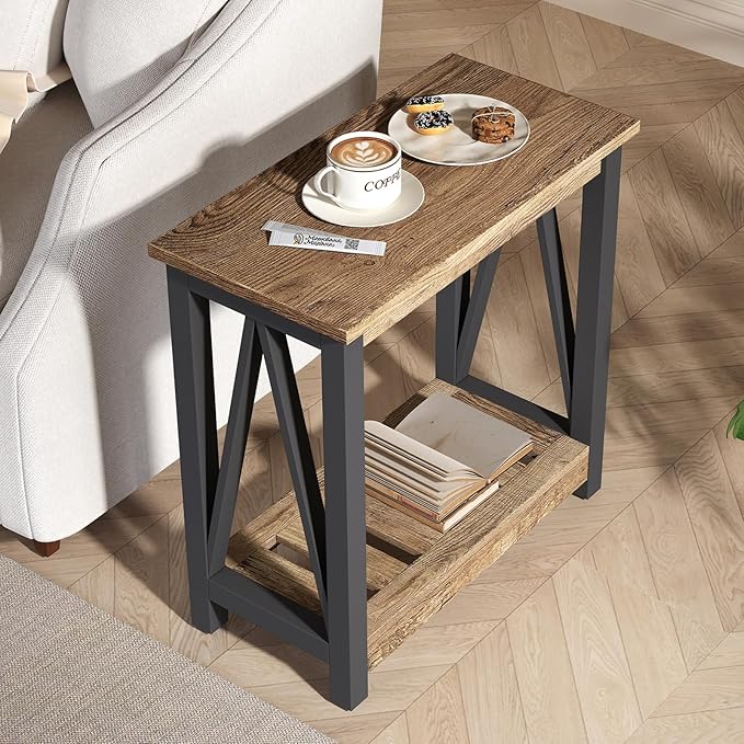 ChooChoo Farmhouse End Table Set of 2, Rustic Vintage Narrow End Side Table with Storage Shelf for Small Spaces for Living Room, Bedroom Rustic Oak & Black