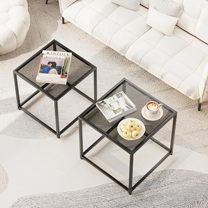 Garden 4 you Coffee Table Set of 2, Modern Glass Nesting Table, Metal Frame Square Center Table Set, Side Tables, Nesting Coffee Table for Living Room, Bedroom and Small Spaces, 19.7in Grey