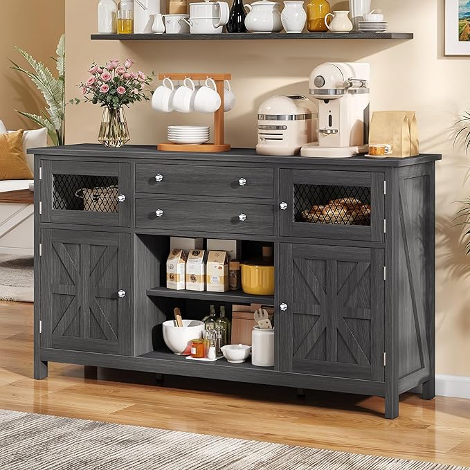 YITAHOME Farmhouse TV Stand for TVs up to 65", 59" Entertainment Center with 2 Large Drawers & Visual Grid Door, Rustic TV Media Console for Living Room, Dark Grey