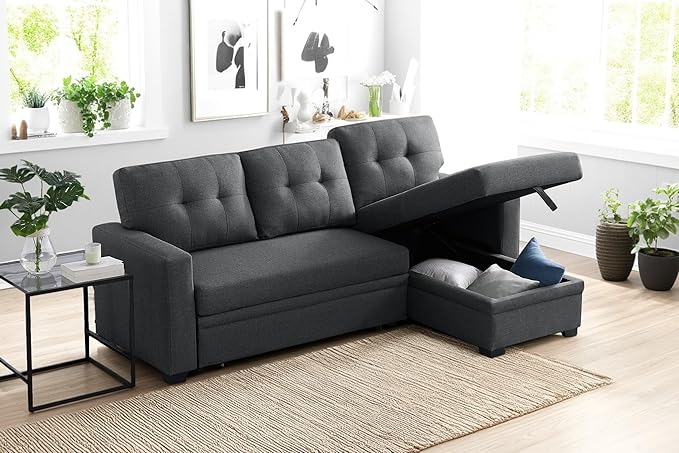 82 Inch Convertible Sleeper Sectional Sofa with Storage Chaise and Pull-Out Bed, Linen Upholstered Reversible Corner Couch, Modular L Shaped Couches for Living Room, Home Furniture, Dark Gray